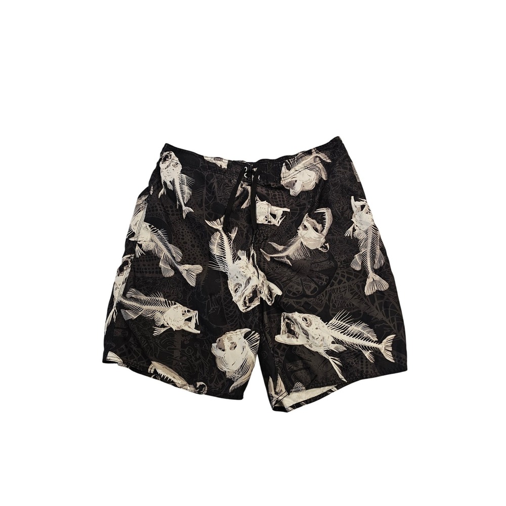 Joe Boxer Mens Fish Skeleton‎ Print Swim Trunks Black White Size XL Board Shorts